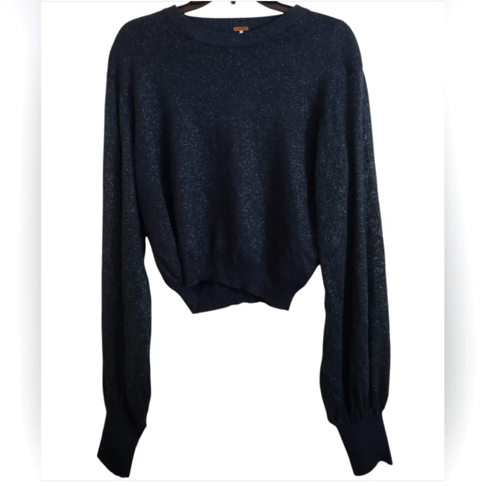 Free People Let It Shine Navy Blue Metallic Sweater Balloon Sleeves Size Medium
